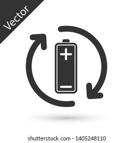 Grey Battery with recycle symbol line icon isolated on white background. Battery with recycling symbol - renewable energy concept. Vector Illustration