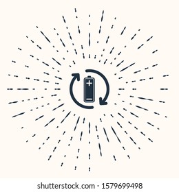 Grey Battery with recycle symbol line icon isolated on beige background. Battery with recycling symbol - renewable energy concept. Abstract circle random dots. Vector Illustration