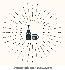 Grey Beer bottle and glass icon isolated on beige background. Alcohol Drink symbol. Abstract circle random dots. Vector Illustration