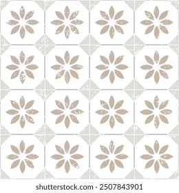 Grey and beige flower ceramic tiles pattern. Vintage oriental floral diamonds textile pattern.