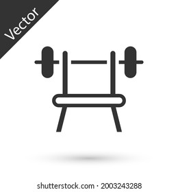 Grey Bench with barbell icon isolated on white background. Gym equipment. Bodybuilding, powerlifting, fitness concept.  Vector