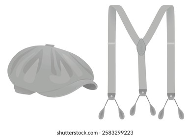 Grey  beret cap and suspenders. vector illustration