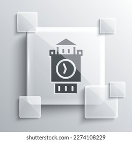 Grey Big Ben tower icon isolated on grey background. Symbol of London and United Kingdom. Square glass panels. Vector