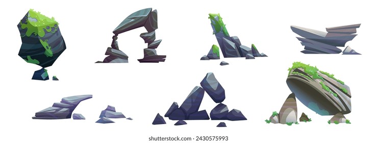 Piedra gris de montaña grande con musgo y hierba. Conjunto de ilustración vectorial de dibujos animados de gran acantilado de roca para el diseño del paisaje de la colina del cañón. Pilas de roca del terreno y construcción vertical de escombros rocosos.