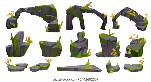 Grey big stone with moss and grass. Cartoon vector illustration set of rock boulders covered with lichen and wild flowers for jungle and forest landscape. Big gravel cliff rubble and arch block.