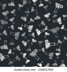 Grey Bioengineering icon isolated seamless pattern on black background. Element of genetics and bioengineering icon. Biology, molecule, chemical icon.  Vector Illustration