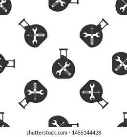 Grey Bioengineering with screwdriver and wrench icon isolated seamless pattern on white background. Adjusting, service, setting, maintenance, repair, fixing.  Vector Illustration