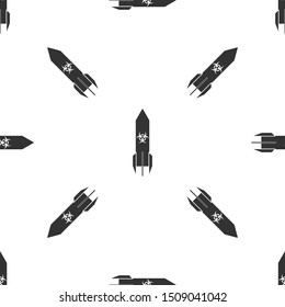 Grey Biohazard rocket icon isolated seamless pattern on white background. Rocket bomb flies down.  Vector Illustration