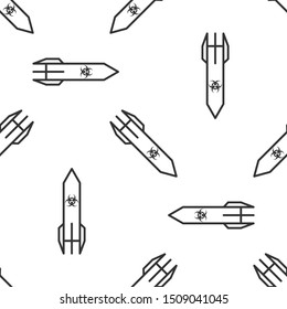 Grey Biohazard rocket icon isolated seamless pattern on white background. Rocket bomb flies down.  Vector Illustration