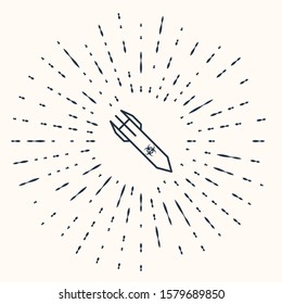 Grey Biohazard rocket icon isolated on beige background. Rocket bomb flies down. Abstract circle random dots. Vector Illustration