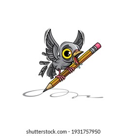 Grey bird draws with a pencil.