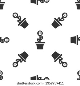 Grey Bitcoin plant in the pot icon isolated seamless pattern on white background. Business investment growth concept. Blockchain technology, cryptocurrency mining. Vector Illustration