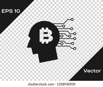 Grey Bitcoin think icon isolated on transparent background. Cryptocurrency head. Blockchain technology, bitcoin, digital money market, cryptocoin wallet. Vector Illustration