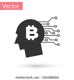 Grey Bitcoin think icon isolated on white background. Cryptocurrency head. Blockchain technology, bitcoin, digital money market, cryptocoin wallet. Vector Illustration