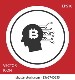 Grey Bitcoin think icon isolated on red background. Cryptocurrency head. Blockchain technology, bitcoin, digital money market, cryptocoin wallet. White circle button. Vector Illustration