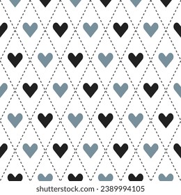 Patrón de argyle gris y negro con el corazón dentro. Patrón vectorial de arglos. Patrón argla. Patrón geométrico sin soldadura para ropa, papel envolvente, fondo, fondo, tarjeta de regalo, suéter.