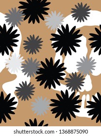 Grey and black flowers. Seamless pattern design. White skulls. Vector illustration