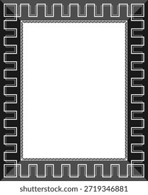 Un marco gris y negro con un borde abstracto y costuras sobre un fondo blanco