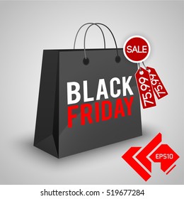 Grey black friday sale background with shopping bag flat vector illustration