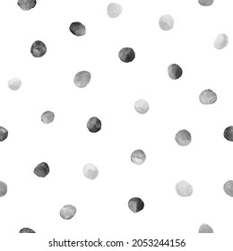 Grey, black ink stains vector watercolor round spots, polka dots seamless repeat vector pattern. Watercolour drops, uneven circle shape blobs, smears, brush strokes decoration. Hand drawn background.