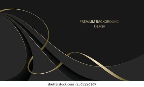 Grey and black luxury background vector design. Modern background with grey and gold line ribbon. Premium black background. Suit for banner, backdrop, web design, certificate template, presentation