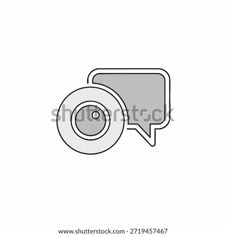 A grey and black outlined image depicts a camera lens and a speech bubble