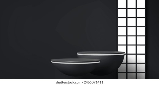 Grey or black podium stage. Realistic 3d vector two semi-sphere platforms and grid pattern, creating modern, architectural ambiance in a minimalist style. Elegant background with contemporary design