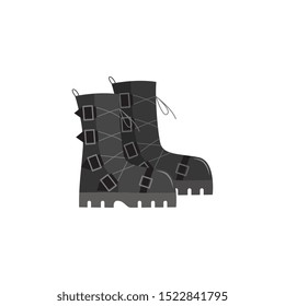 Grey black punk rock shoes, soldier combat boots with edgy buckles, goth footwear fashion design, isolated vector illustration on white background