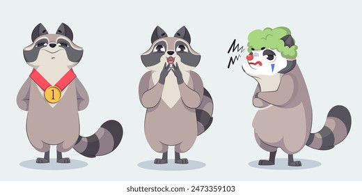 Grey and black racoon cartoon character set. Vector funny amusing wild animal with in different poses - standing proud with winner first place medal, excited and dissatisfied in clown wig and makeup.