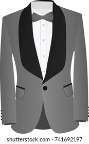 Grey and black suit with white shirt and grey bow tie. vector illustration