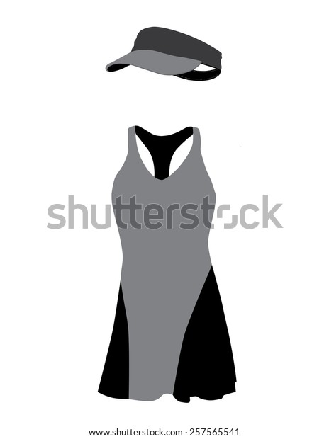 Grey and black tennis dress with hat,\
cap, sportswear, sport clothing, tennis\
clothing