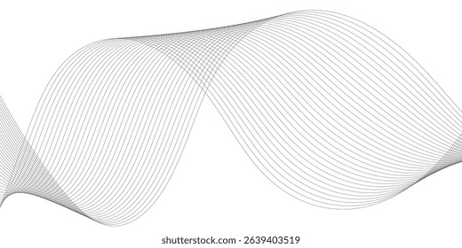 Grey and black wave, curve lines on transparent background. Digital futuristic technology concept banner background. Design for technology, business, voice, sound, data science, geometric border 