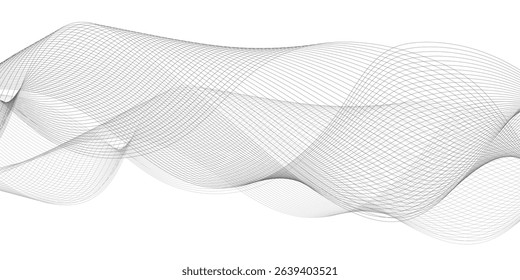 Grey and black wave, curve lines on transparent background. Digital futuristic technology concept banner background. Design for technology, business, voice, sound, data science, geometric border 