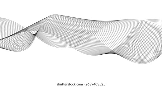 Grey and black wave, curve lines on transparent background. Digital futuristic technology concept banner background. Design for technology, business, voice, sound, data science, geometric border 