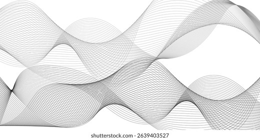 Grey and black wave, curve lines on transparent background. Digital futuristic technology concept banner background. Design for technology, business, voice, sound, data science, geometric border 