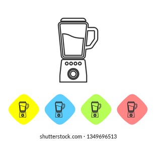 Grey Blender line icon isolated on white background. Kitchen electric stationary blender with bowl. Cooking smoothies, cocktail or juice. Set icon in color rhombus buttons. Vector Illustration