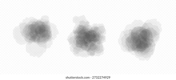 Grey blobs set in watercolor style. Soft black watercolour texture splash effects. Round ink or paint brush shape element collection. Abstract pastel color splatters, spots, stains and drops. Vector