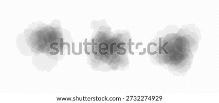 Grey blobs set in watercolor style. Soft black watercolour texture splash effects. Round ink or paint brush shape element collection. Abstract pastel color splatters, spots, stains and drops. Vector