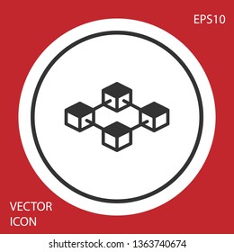 Grey Blockchain technology icon isolated on red background. Cryptocurrency data sign. Abstract geometric block chain network technology business. White circle button. Vector Illustration