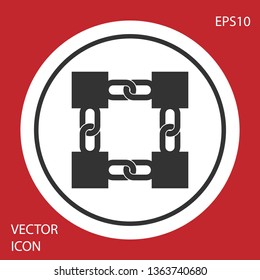 Grey Blockchain technology icon isolated on red background. Cryptocurrency data sign. Abstract geometric block chain network technology business. White circle button. Vector Illustration