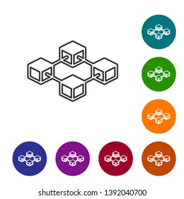Grey Blockchain technology line icon on white background. Cryptocurrency data sign. Abstract geometric block chain network technology business. Set icon in color circle buttons. Vector Illustration
