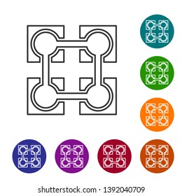 Grey Blockchain technology line icon on white background. Cryptocurrency data sign. Abstract geometric block chain network technology business. Set icon in color circle buttons. Vector Illustration