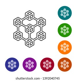 Grey Blockchain technology line icon on white background. Cryptocurrency data sign. Abstract geometric block chain network technology business. Set icon in color circle buttons. Vector Illustration