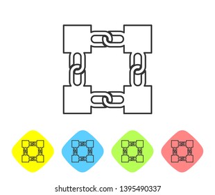 Grey Blockchain technology line icon on white background. Cryptocurrency data sign. Abstract geometric block chain network technology business. Set icon in color rhombus buttons. Vector Illustration
