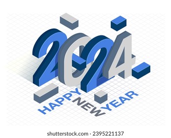 Grey and Blue 3D 2024 , Happy New Year Font on Grid Background. Can Be Used as a Design Card or Poster.