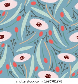 Grey Blue background with large pink round florals and light blue long leaves seamless pattern background design.