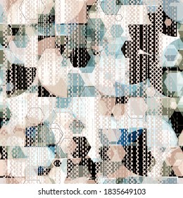 Grey, blue, black, beige seamless texture with geometric shapes. Abstract vector background for web page, banners backdrop, fabric, home decor, wrapping