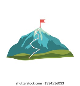 Grey, blue cartoon mountain and rock with green hills and red flag on peak, vector isolated illustration on white background. Mountain with route and path to the top