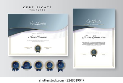 Grey and blue certificate of achievement border template with luxury badge and modern line pattern. For award, business, and education needs