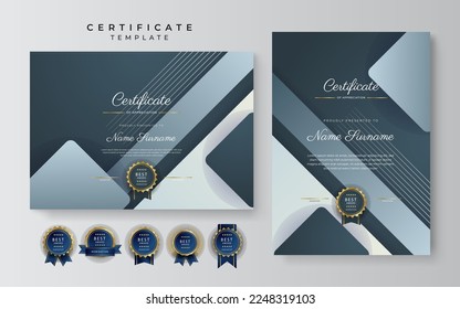 Grey and blue certificate of achievement border template with luxury badge and modern line pattern. For award, business, and education needs